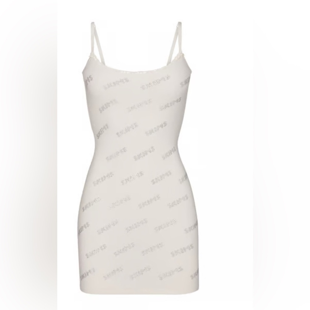 skims rhinestone logo pointelle mini slip dress
